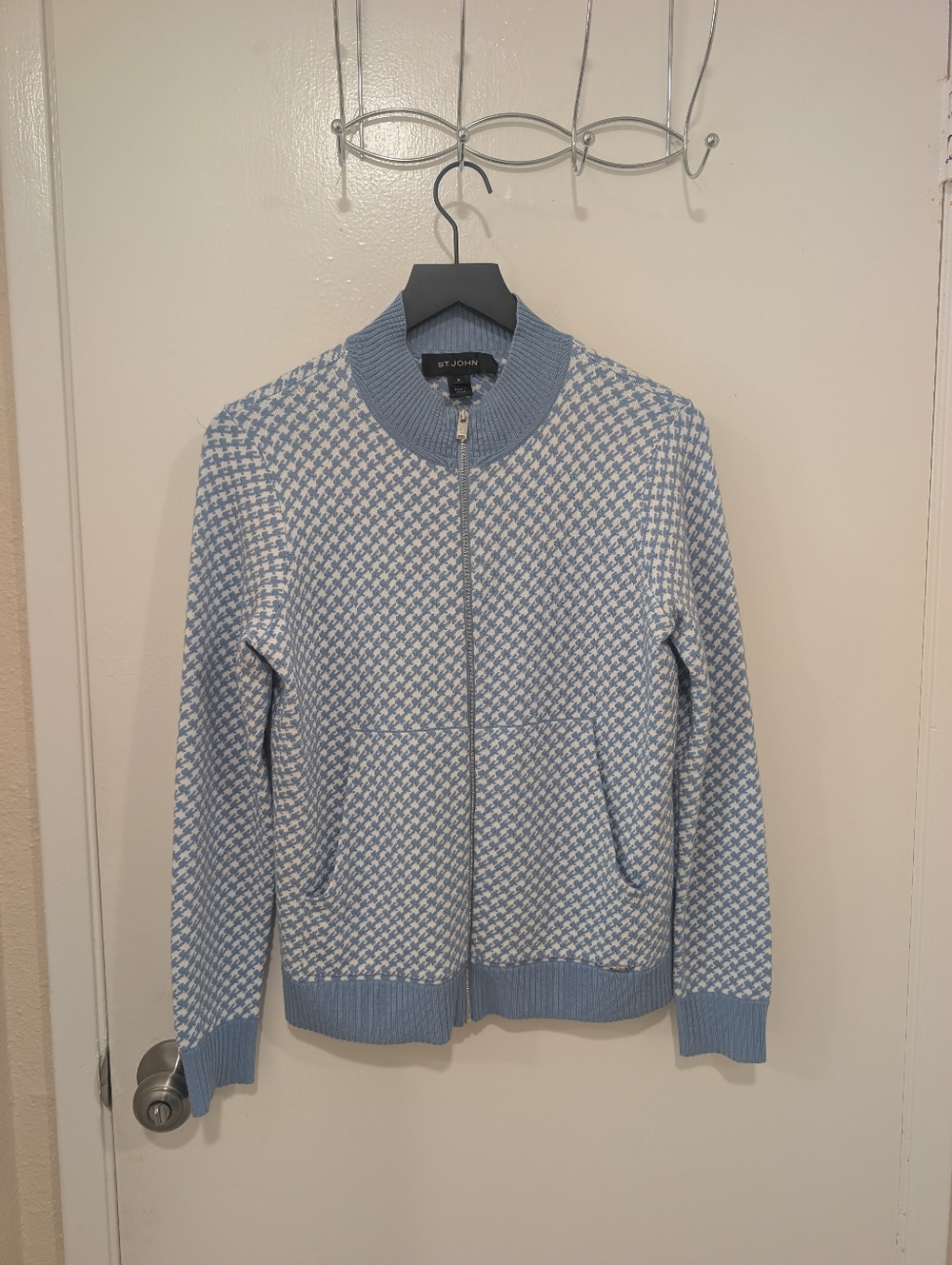 St. John Baby Blue Houndstooth Zip Up Jacket